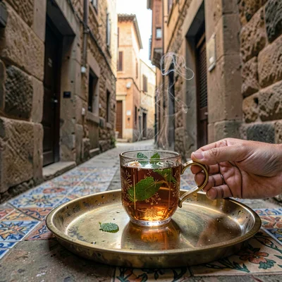 Historic medina photography, labyrinthine old city, A tea glass on a brass tray,