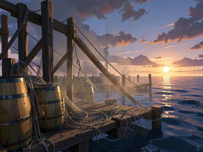 Wooden wharf at sundown where a single beam threads through nets and dust, warm 