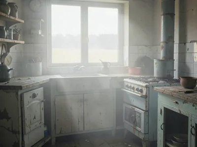 Kitchen of an abandoned farmhouse with a stove gone cold, window showing only pa