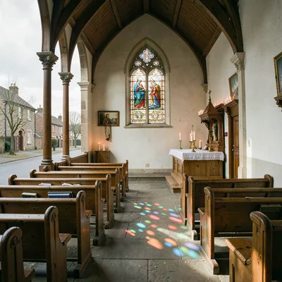 Quiet small town photography, contemplative scene, A church interior with wooden