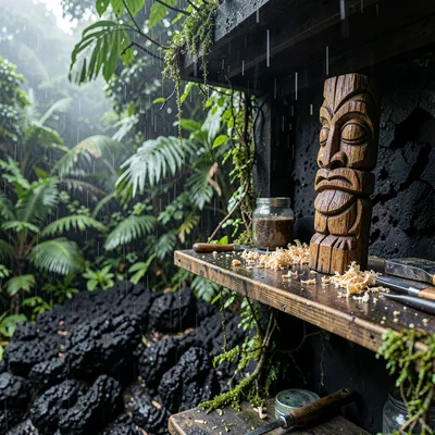 Stark black volcanic surfaces against verdant green, A wooden carving of a tiki 