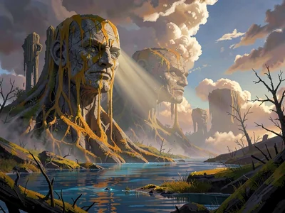 Bog with petrified giants under parting clouds, single beam onto stone face, war