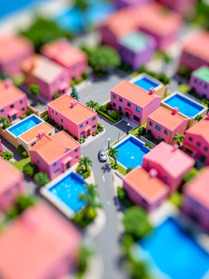 From a hilltop tilt-shift photograph of a coastal suburb, saturated rose-pink wa