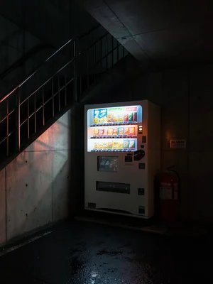 A vending machine in a Tokyo parking garage stairwell landing, wedged between co