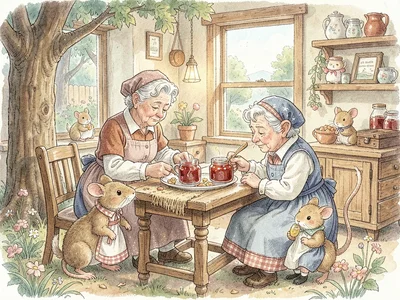 Baby mice making jam with grandmother