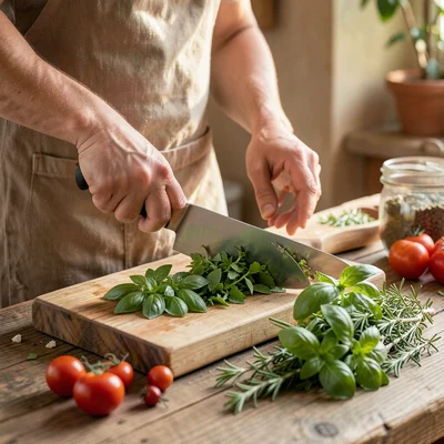 Person chopping herbs on a cutting board, pile of fresh basil and rosemary