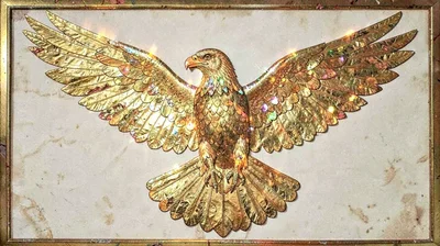Gold leaf illuminated illustration, eagle with spread wings , burnished gold lea