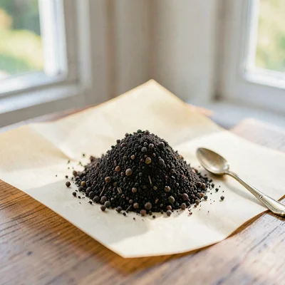 A small mound of ground black pepper on warm cream paper, a tiny brass spoon res