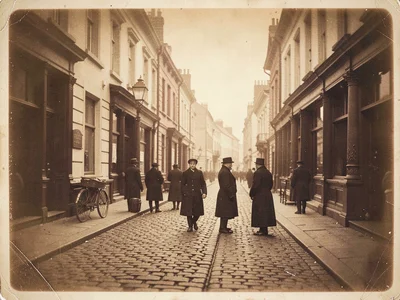 A Victorian street scene — cobblestones, gas lamp, figures in long coats