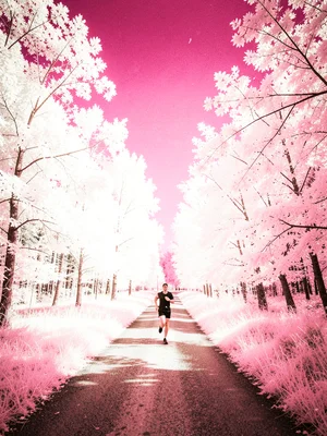 A jogger on a suburban trail through woods that glow completely white