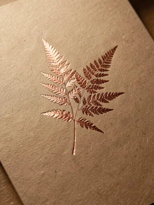 Copper foil stamped botanical fern silhouette on natural kraft paper, metallic a