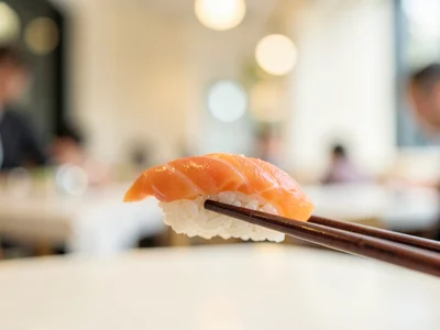 Sushi piece on chopsticks, restaurant behind cream