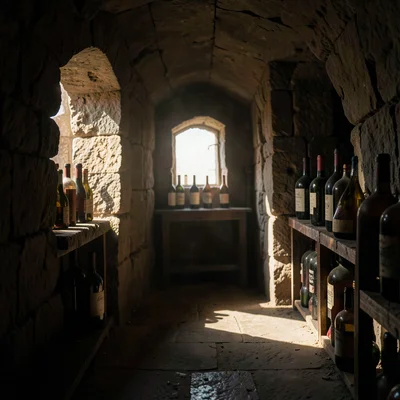 Dramatic natural light streaming through stone openings, deep chiaroscuro shadow