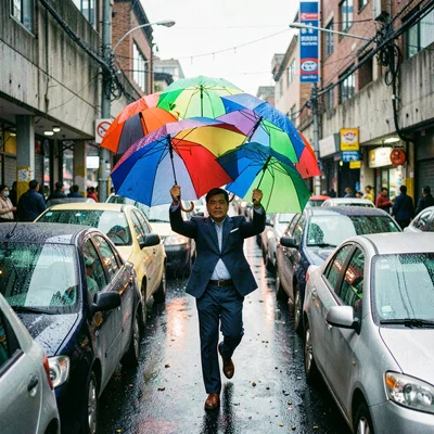 High-energy street photograph, Umbrella salesman holding ten colorful umbrellas 