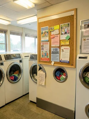 A laundromat bulletin board between the dryers and the folding area, a cork rect