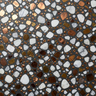 Metallic terrazzo: copper and brass fragments mixed with white marble in dark gr