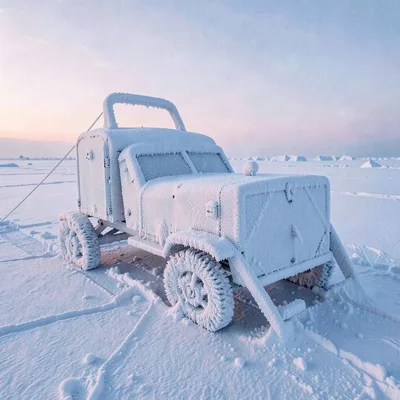Arctic conditions photograph, extreme cold environment, Equipment covered in rim