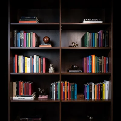 Neatly organized bookshelf with books arranged by color, small objects between t