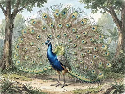 Peacock display ornithological plate