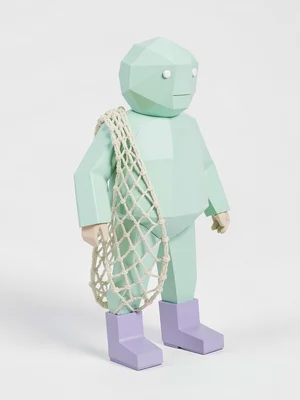 Netted mint-green lowpoly fisherman character with a chunky cream net slung over