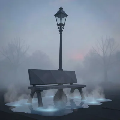 Empty faceted park bench under a single iron lamppost with cold fog pooling arou