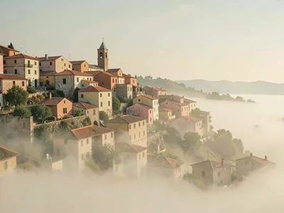 Early-haze panorama, hill town floating above a sea of pale buff fog, only roofs