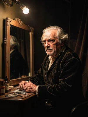 Older actor backstage in makeup, a single bulb above the mirror picking out ever