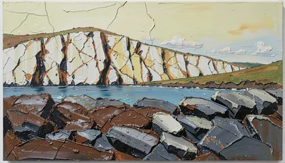 Thick impasto oil painting on board, palette knife marks visible, abstract lands
