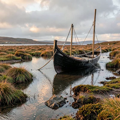 Connemara bog light, Atlantic silver, Fishing currach on shore, black tar hull g
