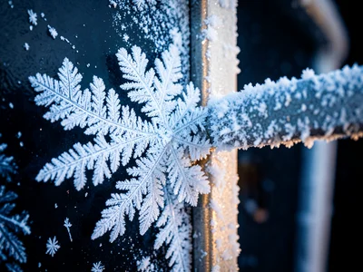 Rime ice on a metal railing, dense white ice accumulation facing the wind, smoot