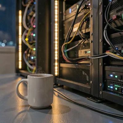 Coffee mug beside a humming server rack at night, warm amber LED accents on meta