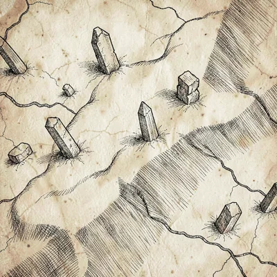 Top-down parchment map detail of a desert region with dune contours and ruined o