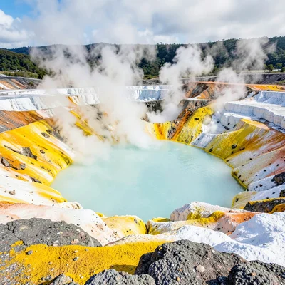Rotorua geothermal landscape, active earth palette, Boiling crater lake, milky t