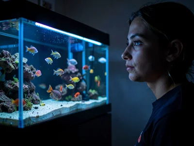 Person's face illuminated only by aquarium glow, watching fish drift, the medita