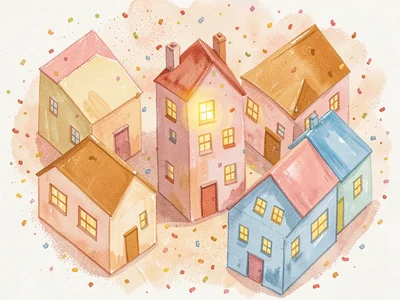 Spiral-pattern gouache editorial of identical pastel houses arranged around one