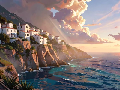 Mediterranean sea-cliff village with a parting cloud beam onto white houses, war