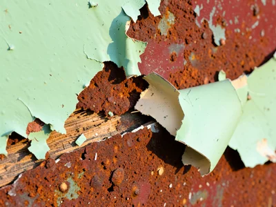 Thick paint peeling off steel in large curling chips, mint green over rust red, 
