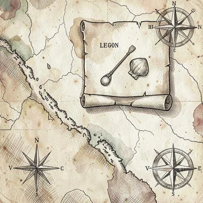 Legend card drawn as a parchment scroll with tiny shell, oar and buoy icons, fin
