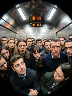Inside packed elevator, fisheye exaggerating cramped faces, everyone avoiding ey
