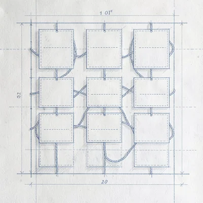 Blueprint sketch of a research wall covered in rectangular notecards connected b