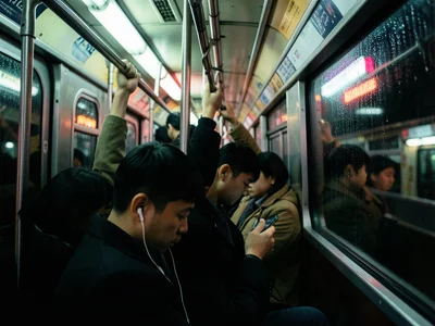 The interior of a subway car at rush hour, hands gripping overhead bars and stra
