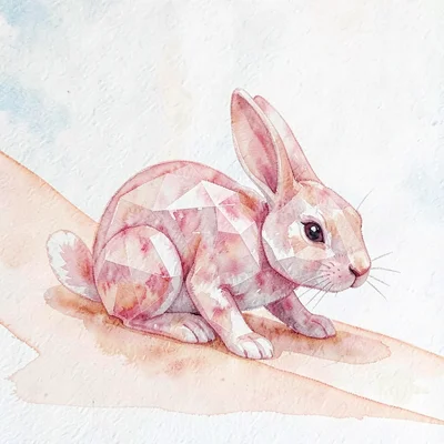 Single rose-quartz lowpoly rabbit crouched low with internal pink facets visible