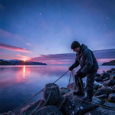Polar liminal light, extended blue hours, A fisherman mending nets at the edge o