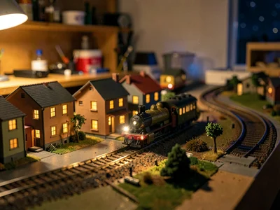 Nighttime layout running, tiny lit windows in scale buildings, headlight of mini