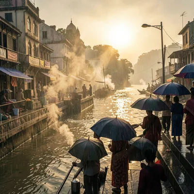 Sacred smoke catching golden Ganges light in Varanasi, Monsoon rain on ghat step