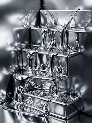 Chrome blob flowing down chrome stairs, each step creating a new pooling and pou