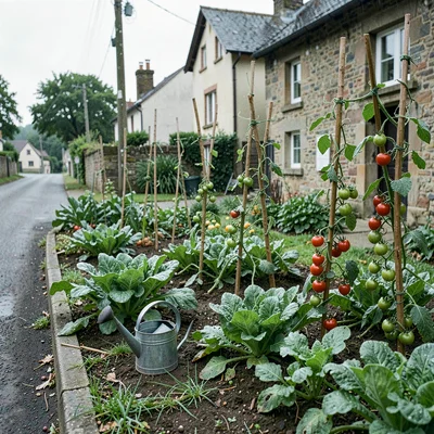 Quiet small town photography, contemplative scene, A vegetable garden behind a v