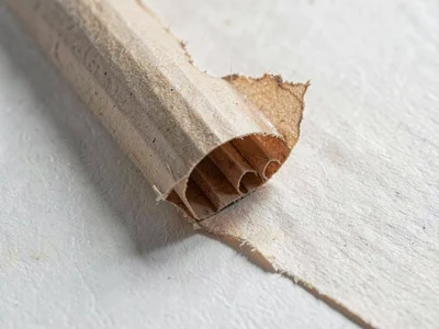 Cardboard-flute corrugation revealed beneath a torn kraft skin lifted in a slow
