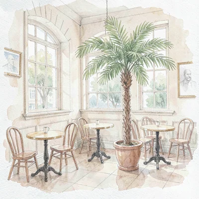 Pale wash of a museum cafe with bistro tables and a tall potted palm