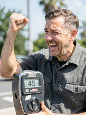Man realizing the parking meter still has 45 minutes, victorious fist pump begin